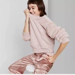 NWT Wild Fable Women's Striped Crewneck Faux Fur Sweatshirt Mauve